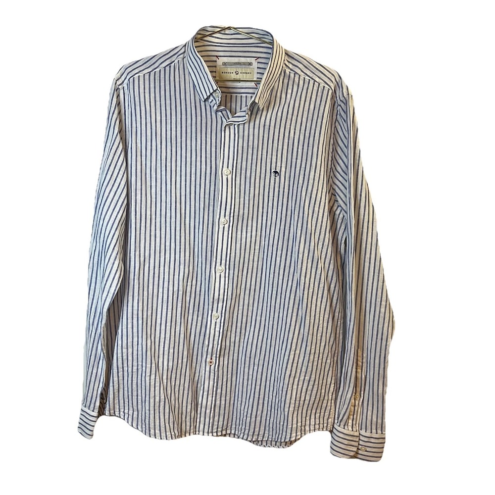 BENSON & CHERRY Men's Slim Fit Shirt Large L Blue White Vertical Stripe Casual